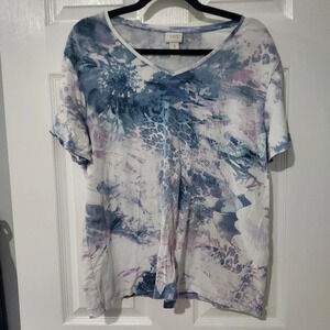 Weekend By Chico's Blue and Purple Abstract Design Short Sleeve Shirt in Size 3